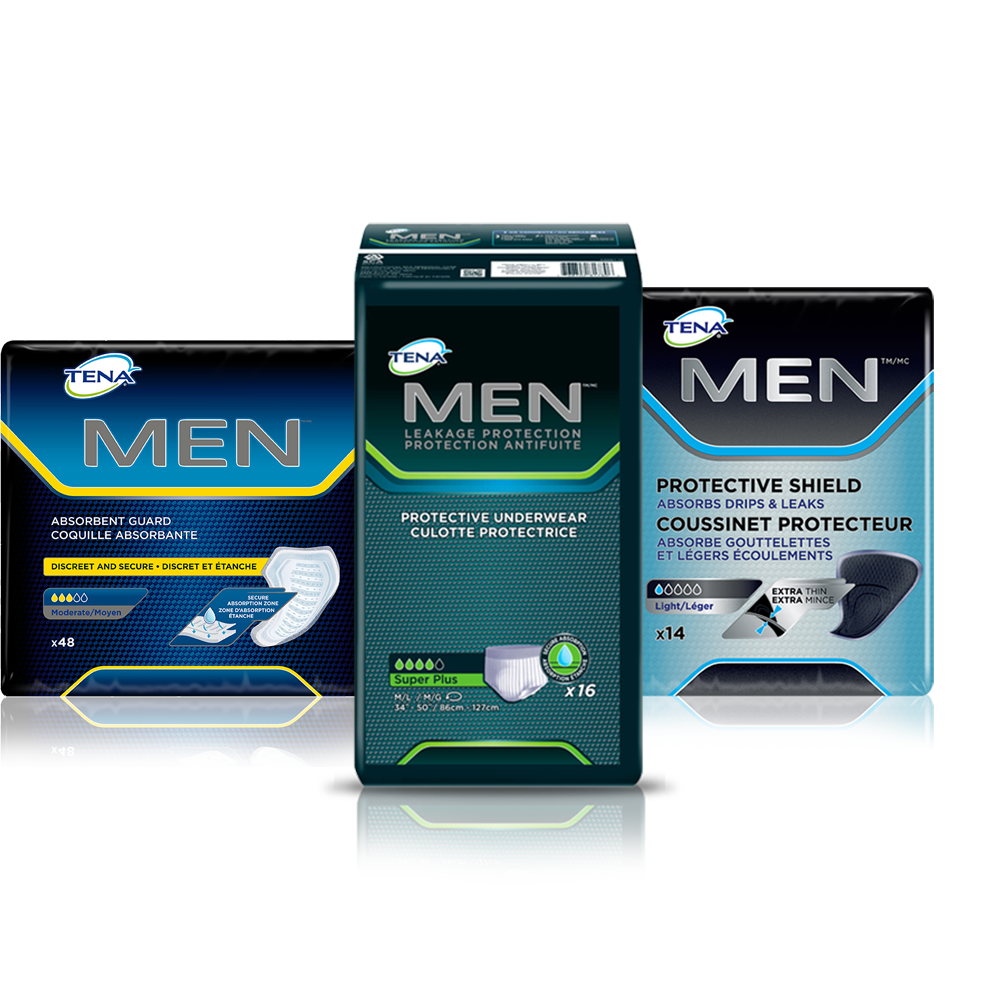TENA Men Protective Shield, TENA Men Active fit pants and TENA Men Absorbent Protector Level 2 TENA Men Protective Shield, TENA Men Active fit pants and TENA Men Absorbent Protector Level 2